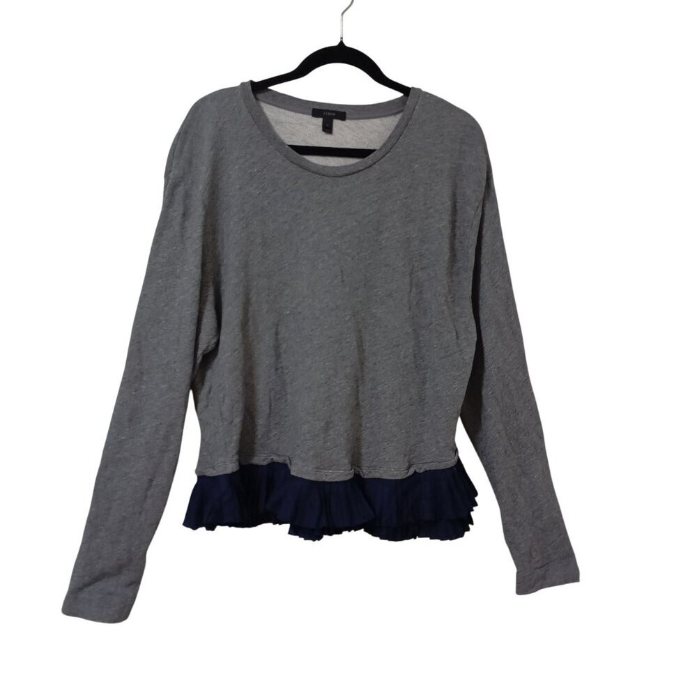 J.Crew Sweatershirt Gray Navy Ruffle Hem Long Sleeve Top XL Womens